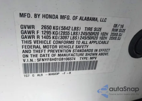 2016 Honda Pilot Elite z USA, uszkodzony, nr VIN 5FNYF6H01GB106574